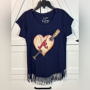 Girls Atlanta Braves Navy Baseball Heart Fringe T-Shirt size L